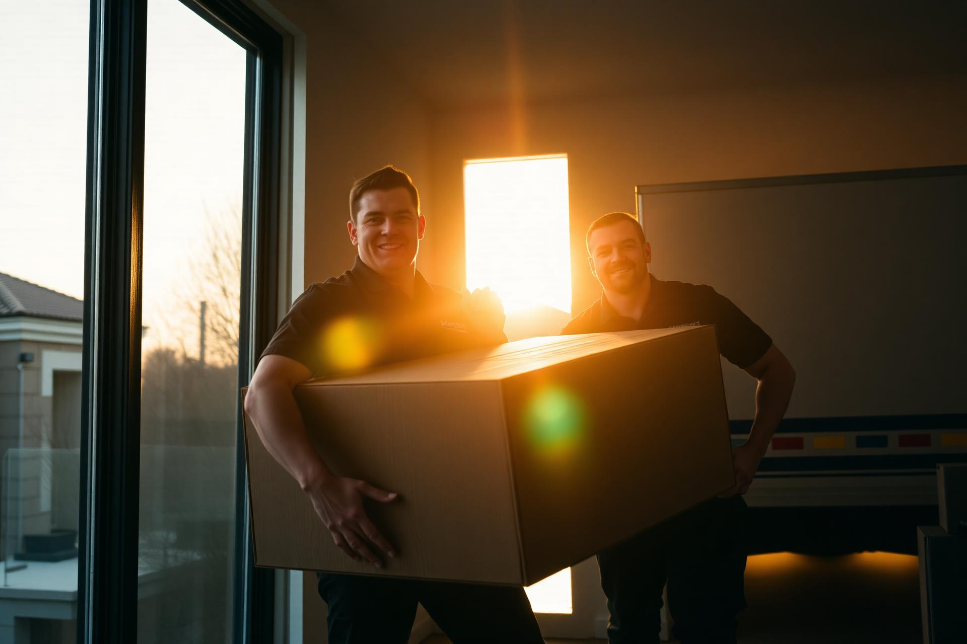 Professional movers carrying boxes into a modern home